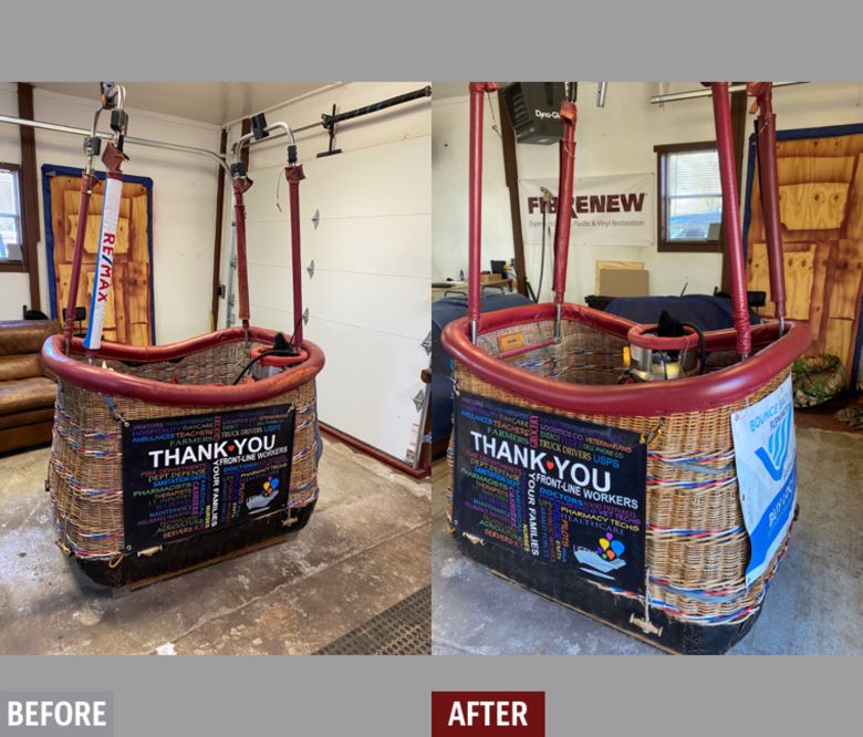 We restored worn and faded leather on this Remax balloon basket after years of wear and tear!