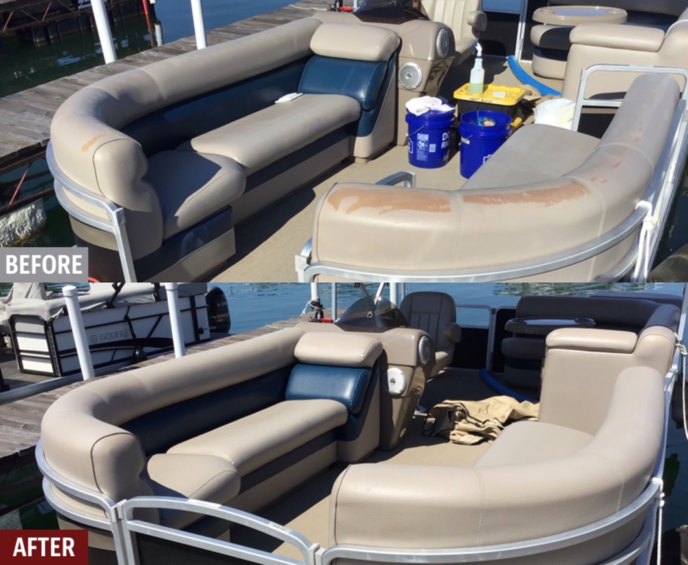 Despite a recommendation to replace instead of re-dye, the owner decided to re-dye the burnt areas of pontoon vinyl