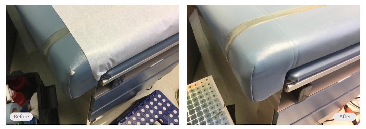 Corner rips and holes on medical furniture repaired without replacement 