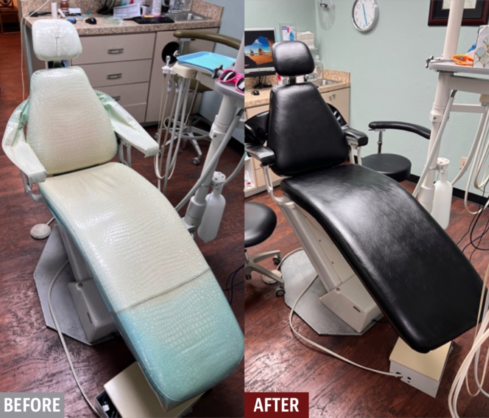 Sometimes something old needs to go but you dont want the expense of replacing it. Renew it! This dental chair was reupholstered and will give many more years of service.