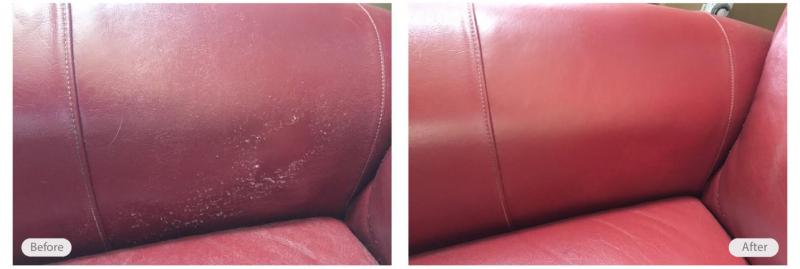 Golden Retriever scuff/scratch repaired on leather chair arm