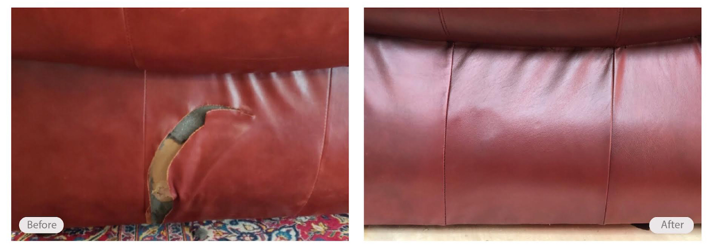 Significant rip alert! We replaced the torn leather and re-dyed to match couch