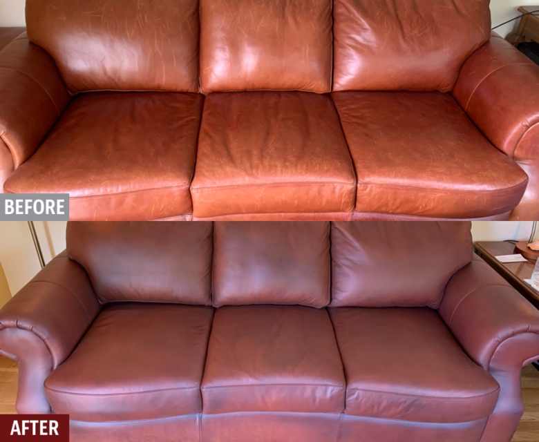 20+ year Broyhill leather sofa, chair and ottaman with cat scratches and sun fading. Repaired each scratch and redyed all the leather material back to original.